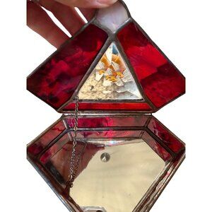 VTG pyramid Stained Glass Beveled Mirrored Jewelry Box Chain Lid trinket  Vanity